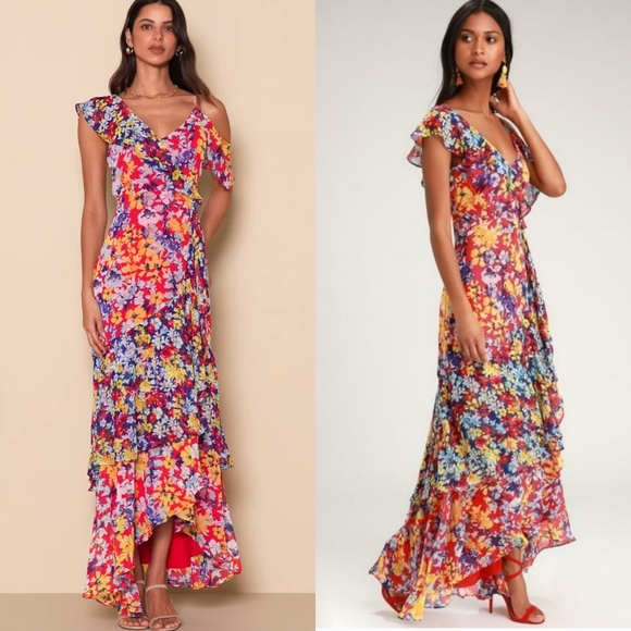 Lulus Dresses & Skirts - NWT LULU'S Radiant Ruby Red Floral Chiffon Maxi Dress